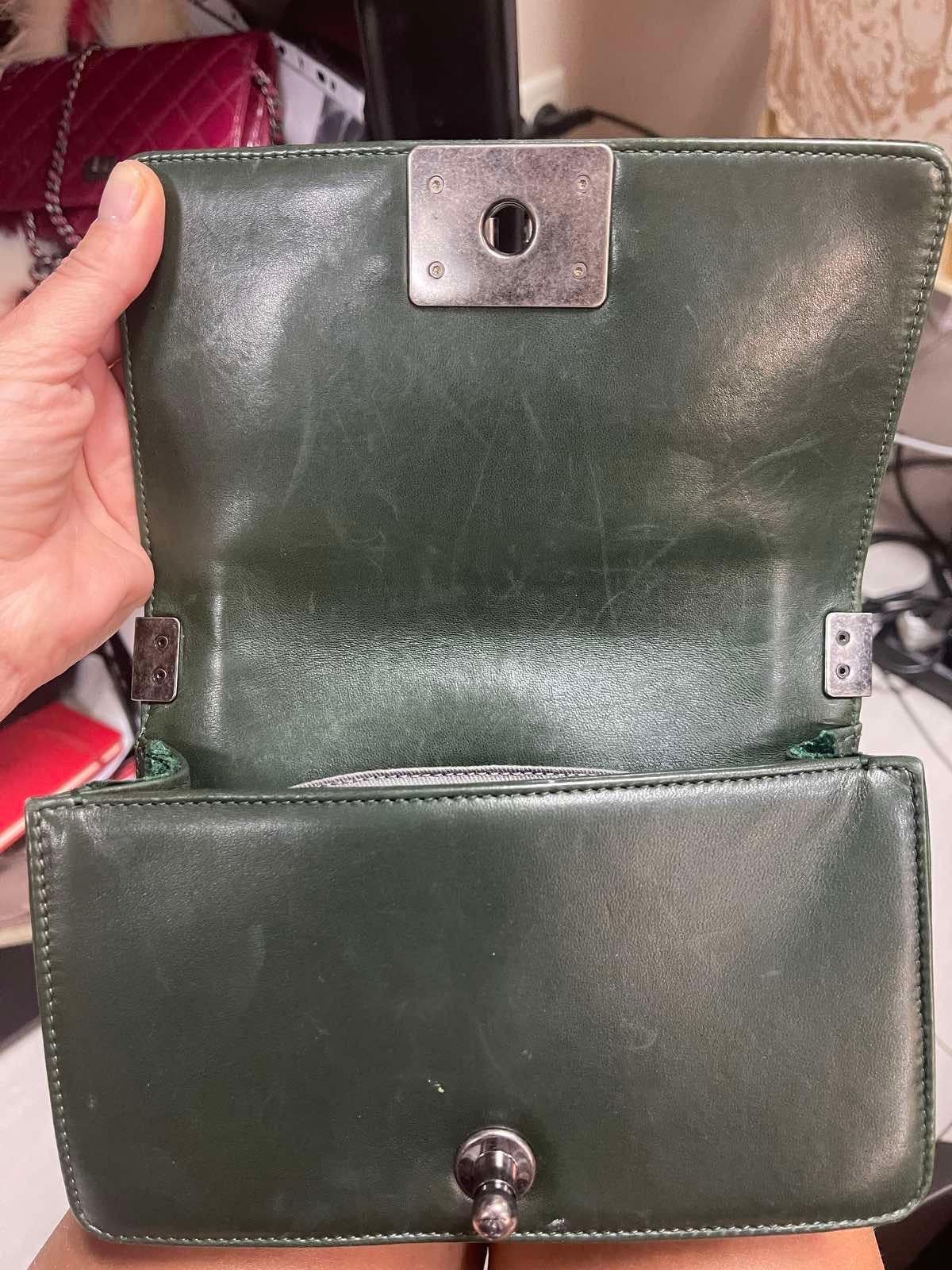 Chanel Dark Green Lambskin Leather Velvet Small Boy Bag  3