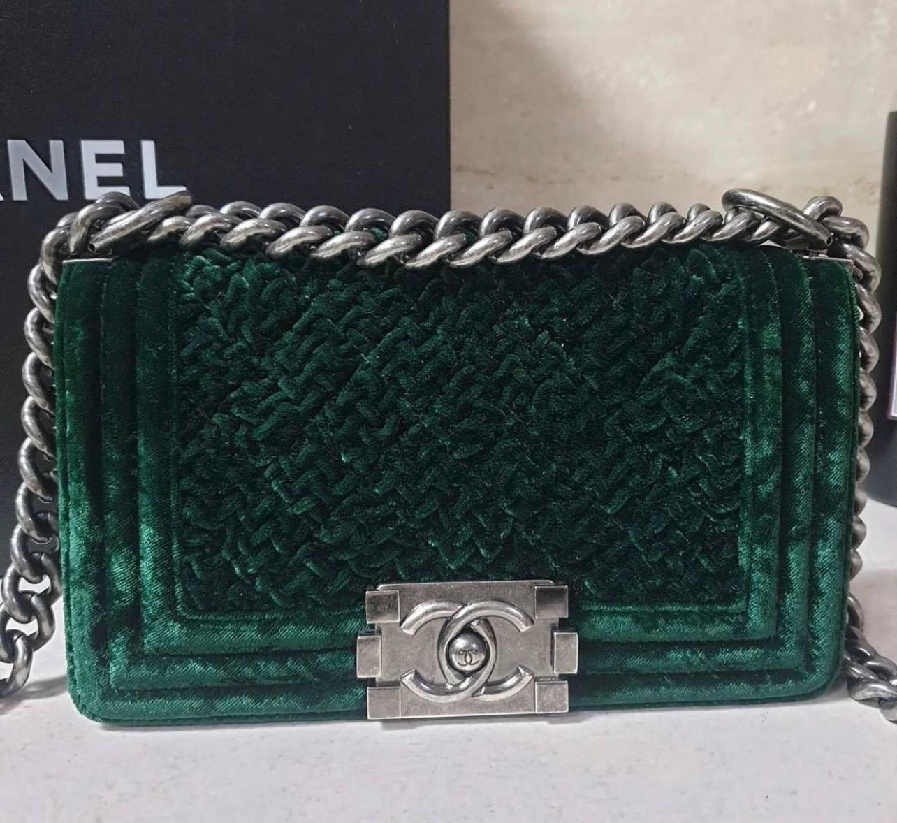 Chanel Dark Green Lambskin Leather Velvet Small Boy Bag  1