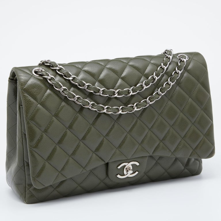 Chanel Dark Green Quilted Caviar Leather Maxi Classic Double Flap Bag
