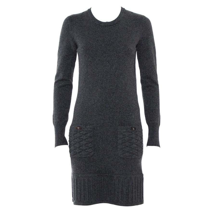 Chanel Dark Grey Cashmere Quilted Pocket & Hem Detail Shift Dress S