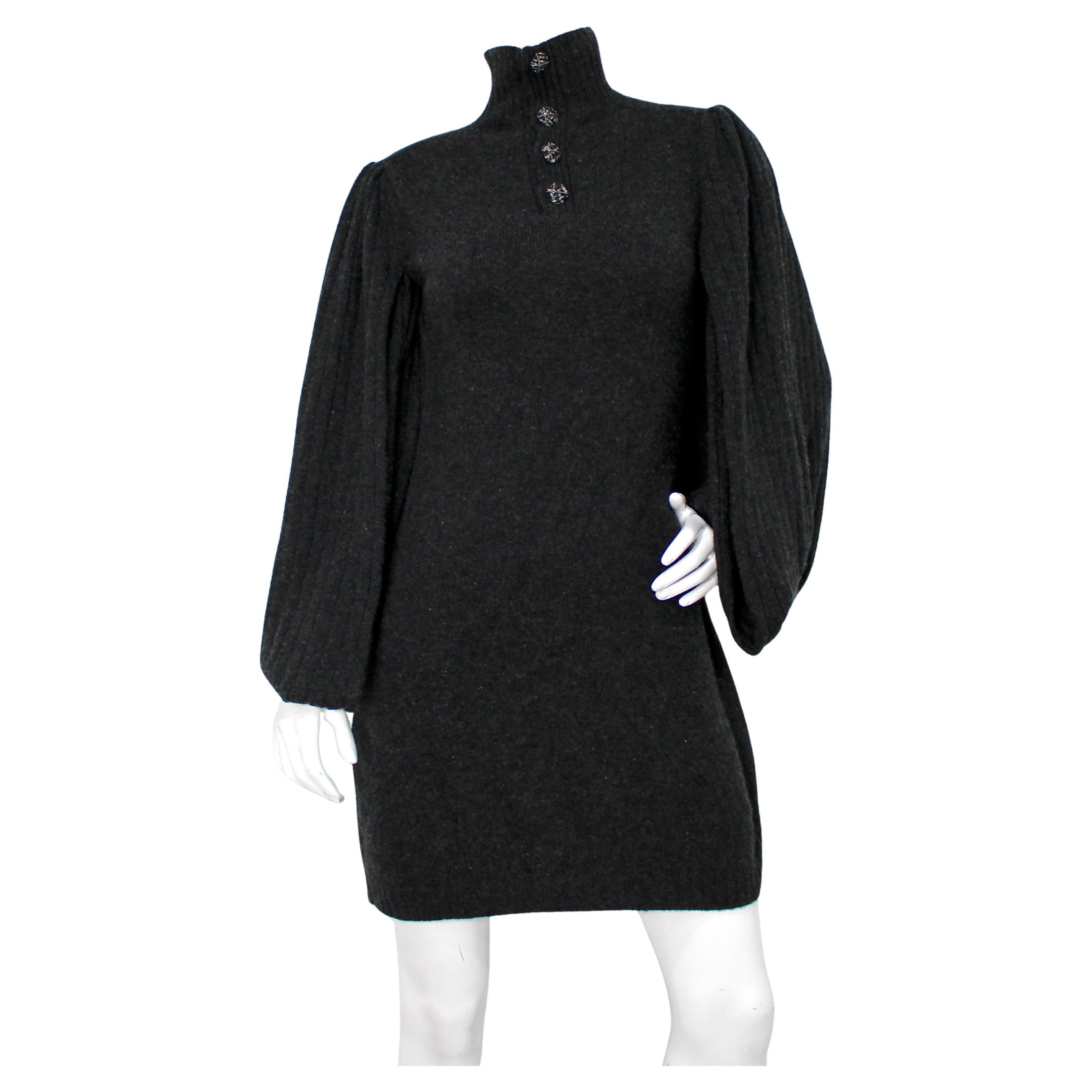 Chanel Dark Grey Cashmere Turtleneck Dress With Cage Sleeves circa 2007