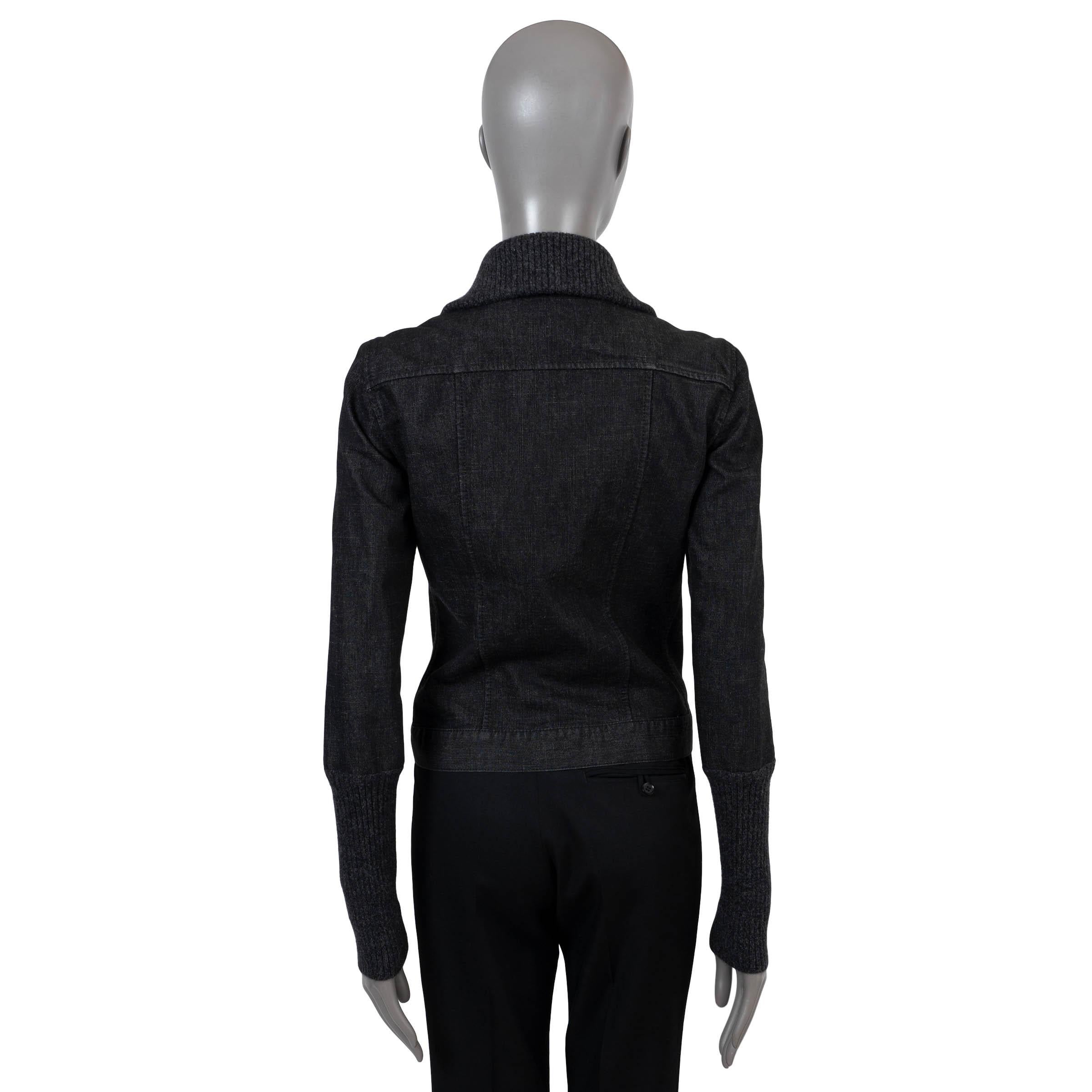 Black CHANEL dark grey cotton 2003 03A RIB-KNIT TRIM DENIM Jacket 38 S For Sale