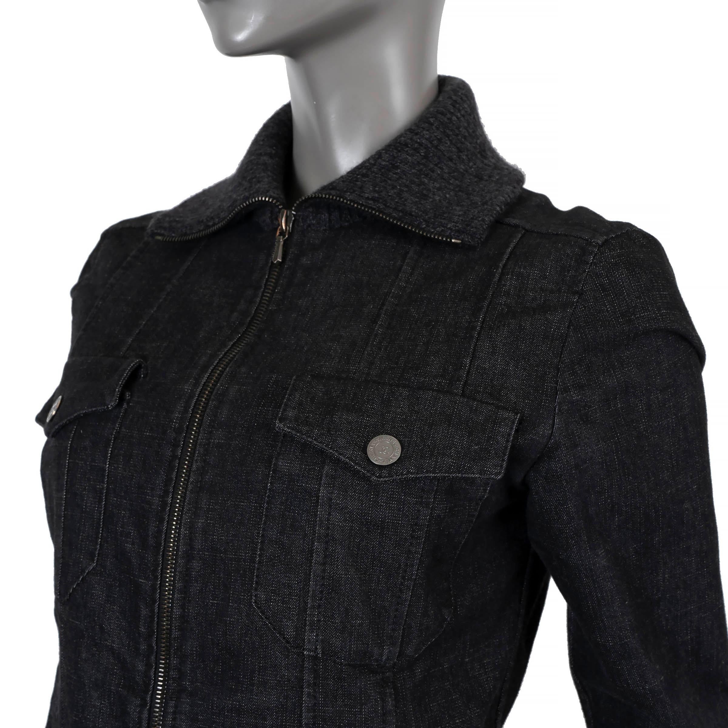 CHANEL dark grey cotton 2003 03A RIB-KNIT TRIM DENIM Jacket 38 S For Sale 1