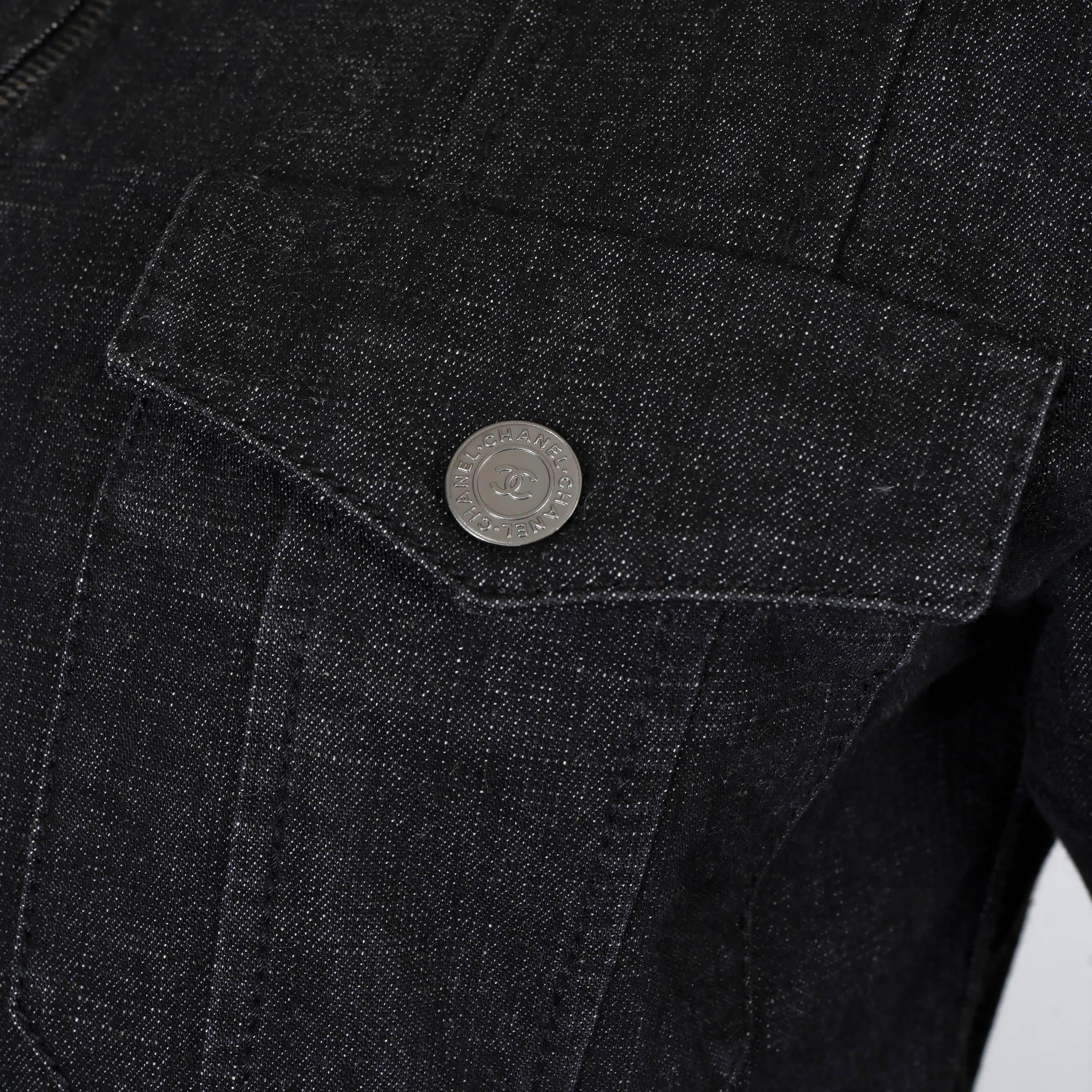 CHANEL dark grey cotton 2003 03A RIB-KNIT TRIM DENIM Jacket 38 S For Sale 2