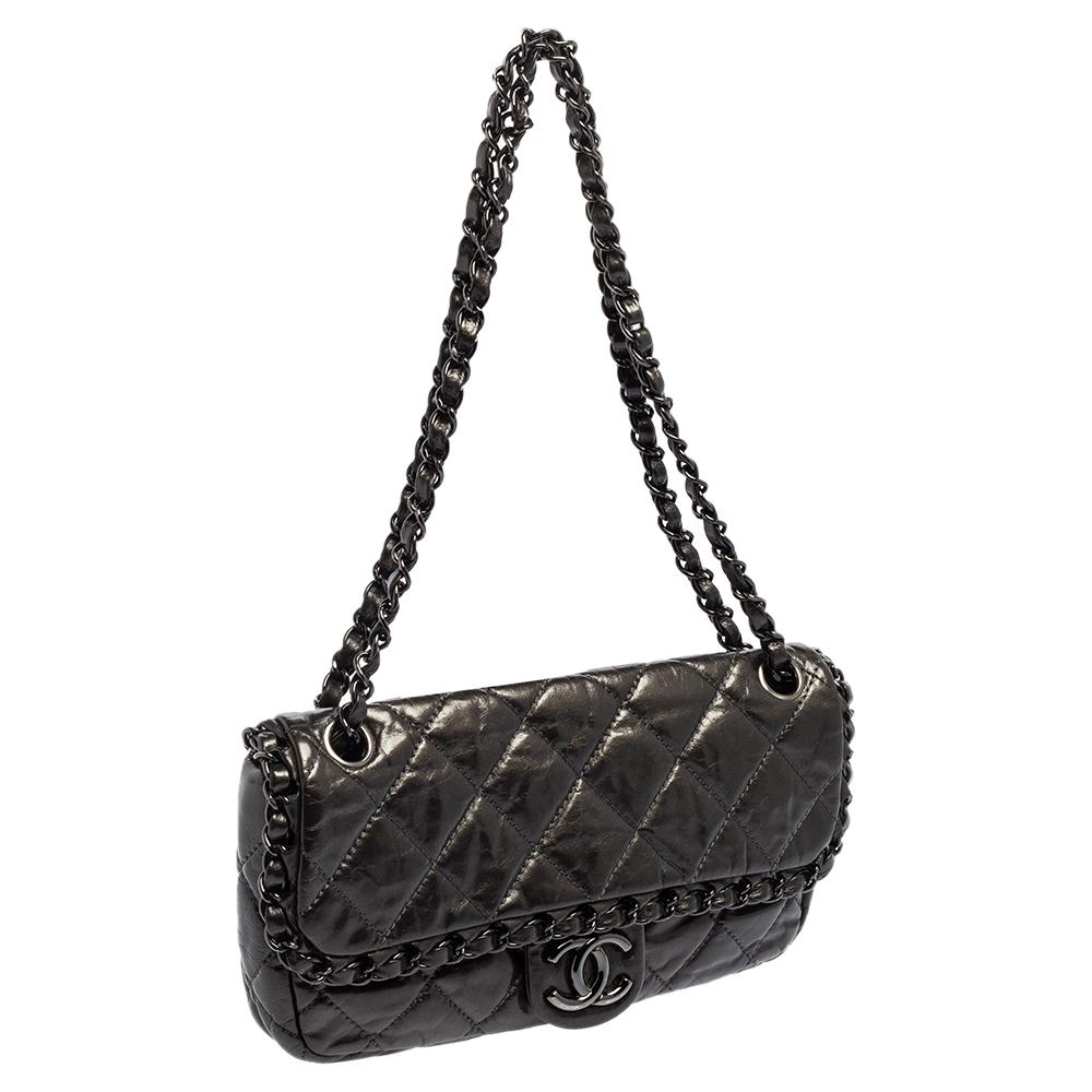 Black Chanel Dark Grey Crinkled Grey Crinkled Quilted Glossy Leather Chain Me Flap Bag