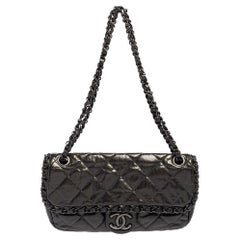 Chanel Dark Grey Crinkled Grey Crinkled Quilted Glossy Leather Chain Me Flap Bag
