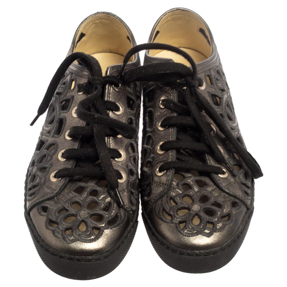Black Chanel Dark Grey Floral Cutout Leather CC Low Top Sneakers Size 35.5
