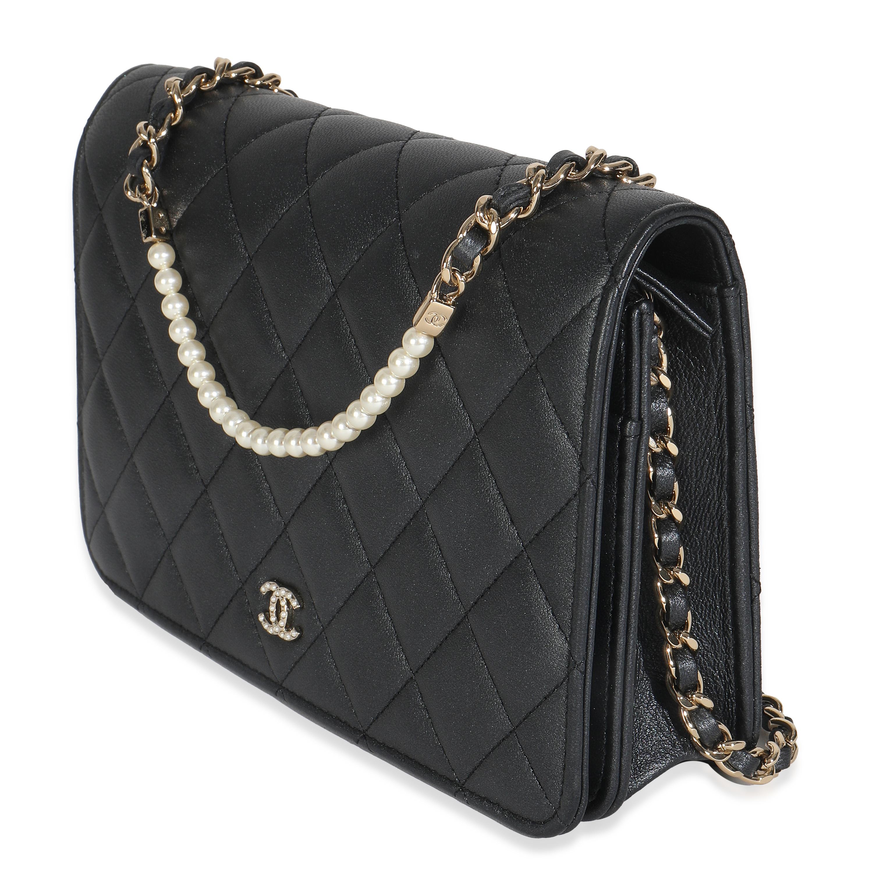 Listing Title: Chanel Dark Grey Iridescent Quilted Lambskin Pearl Wallet On Chain
SKU: 148195
Condition: Pre-owned 
Handbag Condition: Excellent
Condition Comments: Item is in excellent condition and displays light signs of wear.  Minor signs of