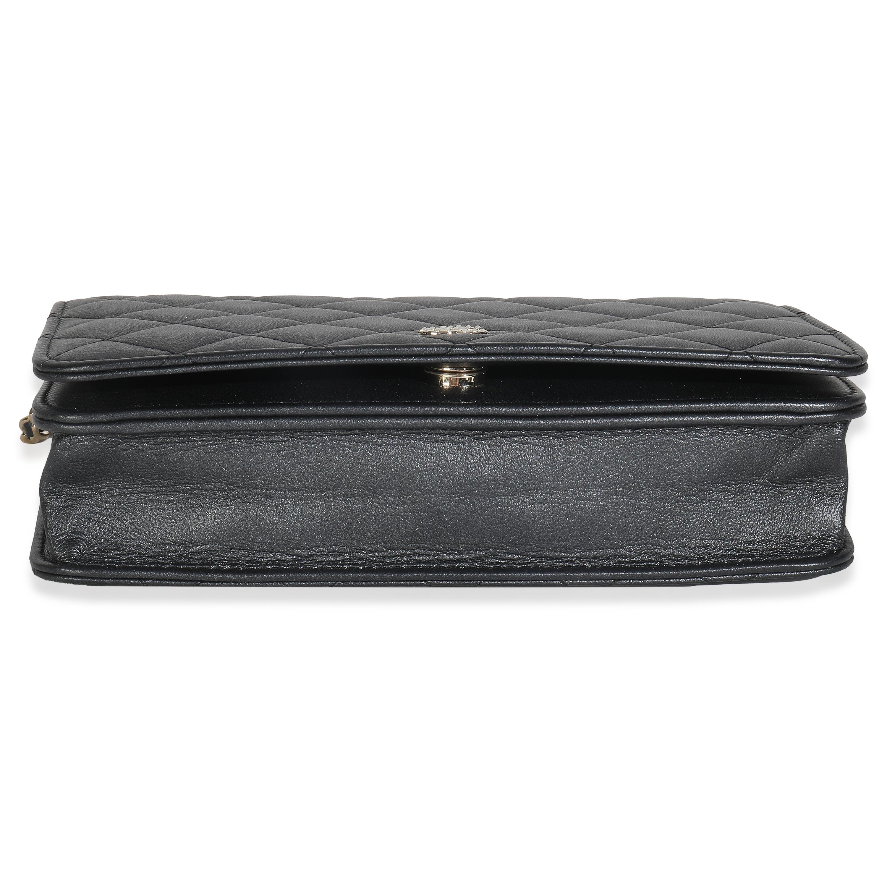 Donna Chanel Dark Grey Iridescent Quilted Lambskin Pearl Wallet On Chain in vendita