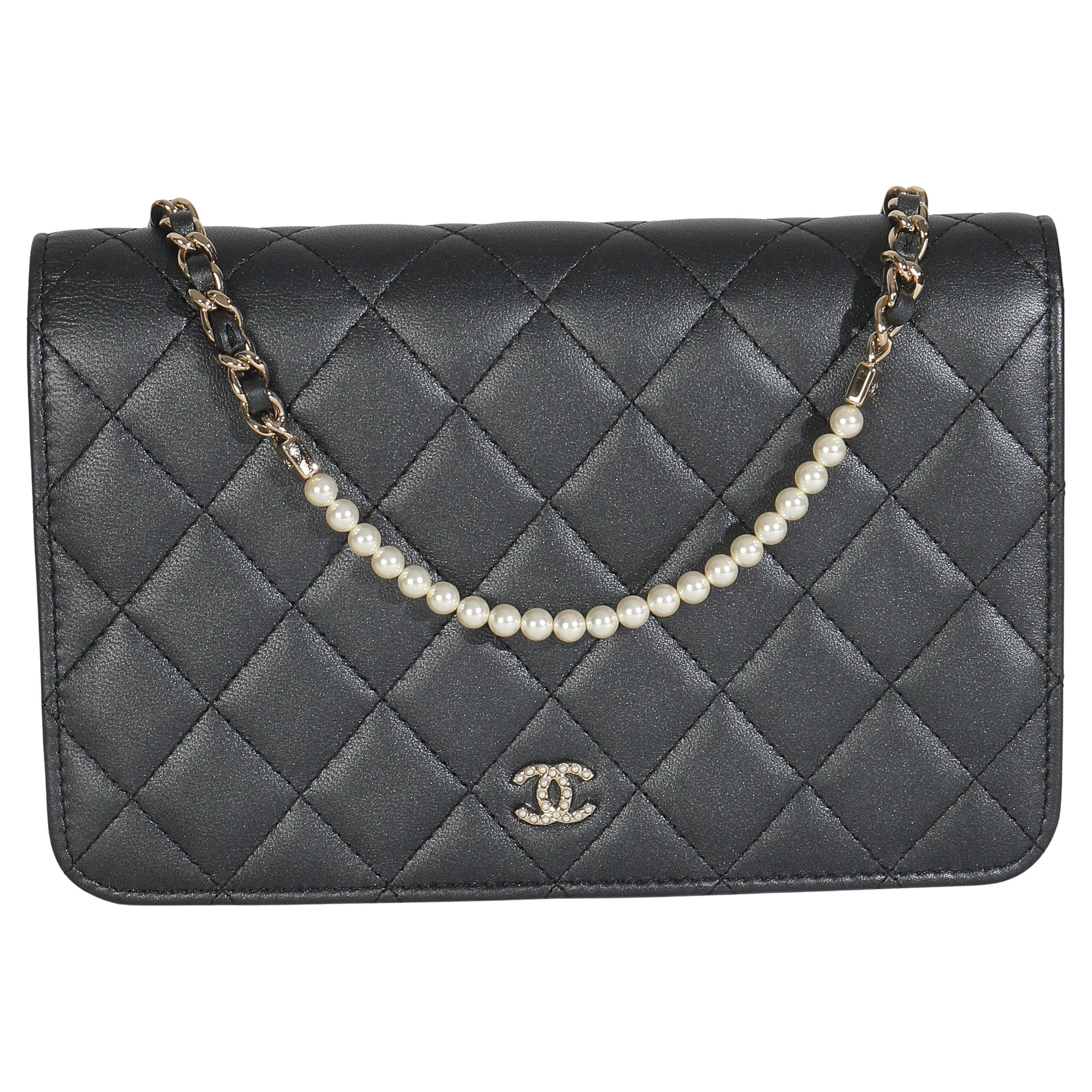 Chanel Dark Grey Iridescent Quilted Lambskin Pearl Wallet On Chain