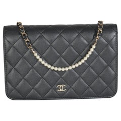 Chanel Dark Grey Iridescent Quilted Lambskin Pearl Wallet On Chain