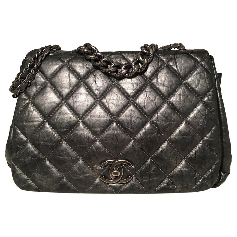 Chanel Dark Grey Metallic Distressed Quilted Accordion Flap Classic