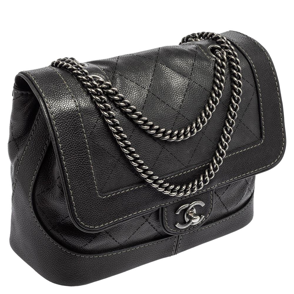 Chanel Dark Grey Perforated Quilt Caviar Leather CC Flap Accordion Bag In Good Condition In Dubai, Al Qouz 2
