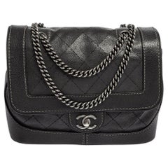 Chanel Dark Grey Perforated Quilt Caviar Leather CC Flap Accordion Bag