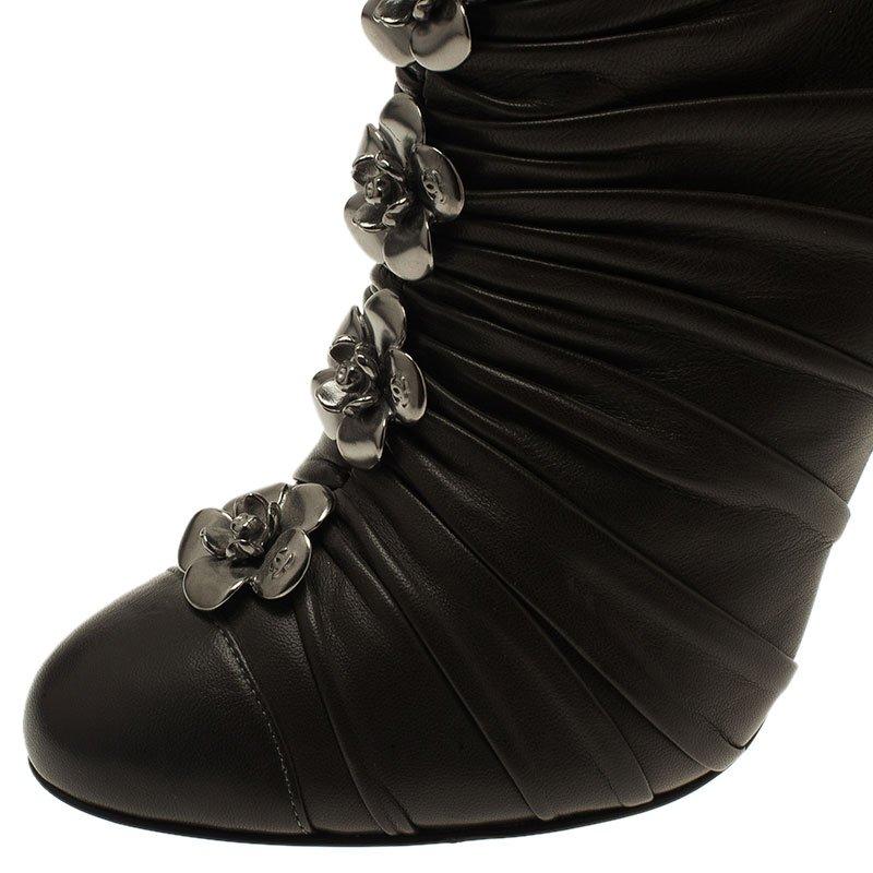 Chanel Dark Grey Pleated Leather Camellia Ankle Boots Size 38.5 4