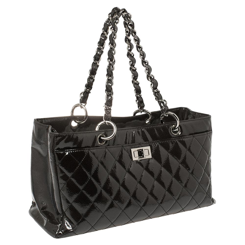 Black Chanel Dark Grey Quilted Caviar Patent Leather Reissue Tote