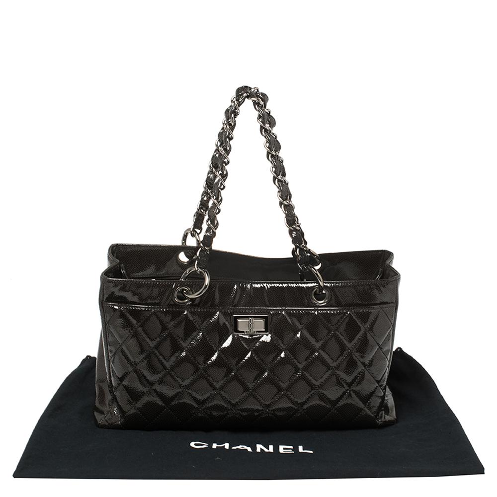 Chanel Dark Grey Quilted Caviar Patent Leather Reissue Tote 4