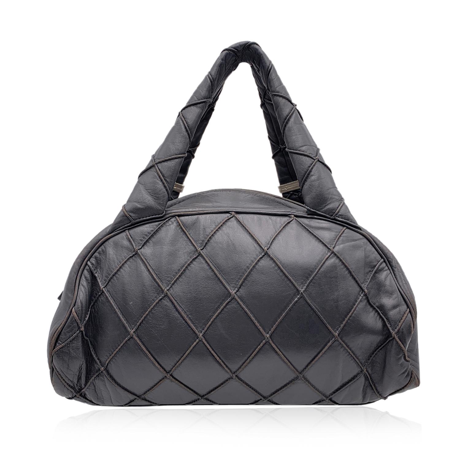 Black Chanel Dark Grey Quilted Leather CC Logo Bowling Bowler Bag