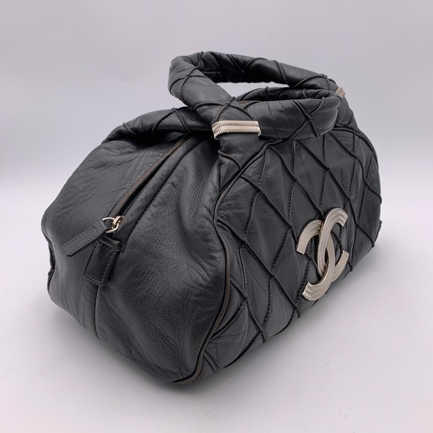 Chanel Dark Grey Quilted Leather CC Logo Bowling Bowler Bag In Good Condition In Rome, Rome