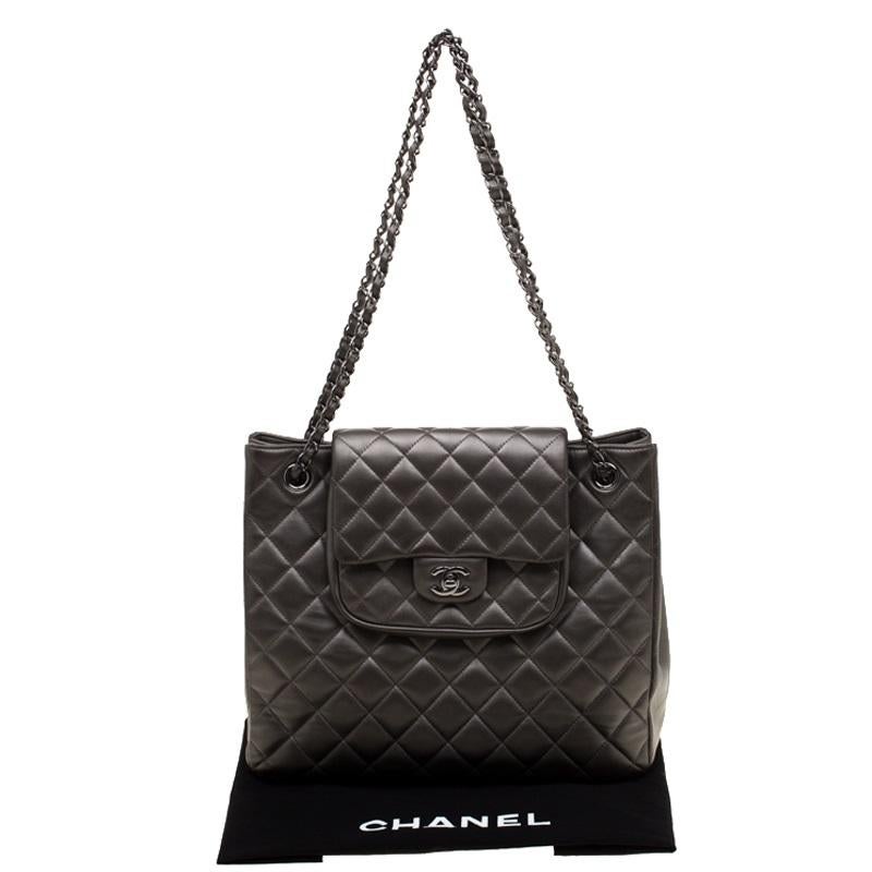 Chanel Dark Grey Quilted Leather Front Flap Pocket Tote 6
