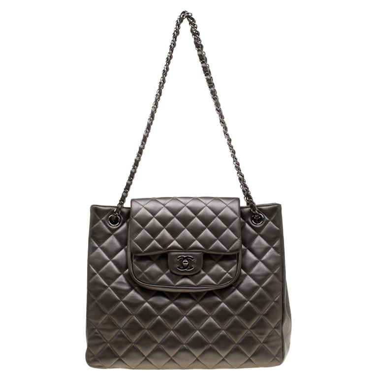 Chanel Dark Grey Quilted Leather Front Flap Pocket Tote