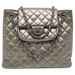 Chanel Dark Grey Quilted Leather Front Flap Pocket Tote