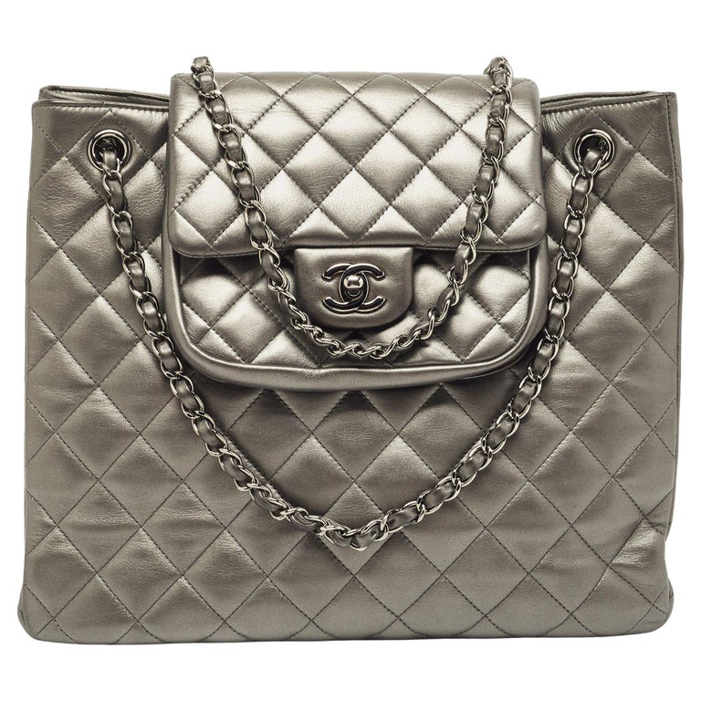 Chanel Dark Grey Quilted Leather Front Flap Pocket Tote