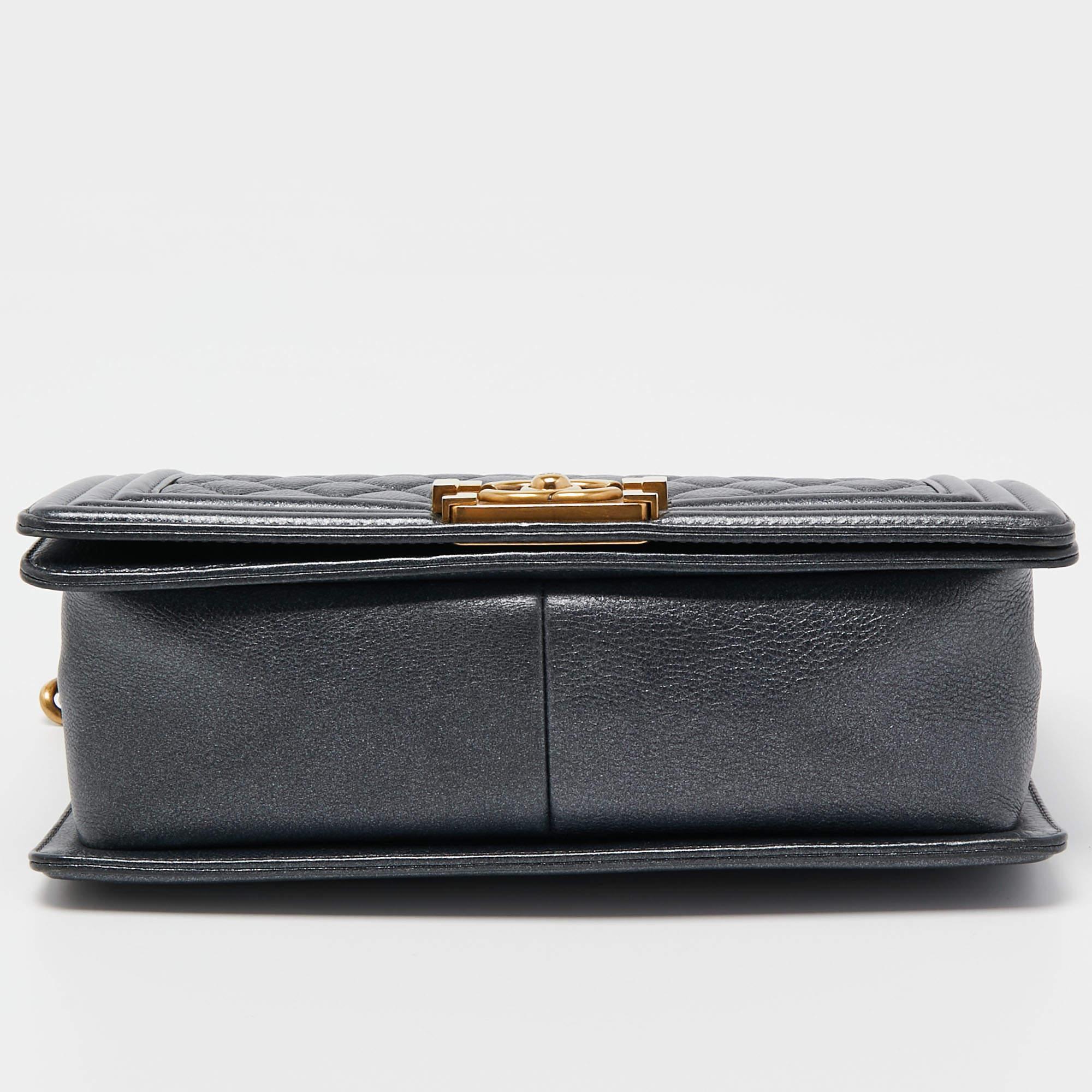 Chanel Dark Grey Shimmer Leather Medium Boy Bag 6