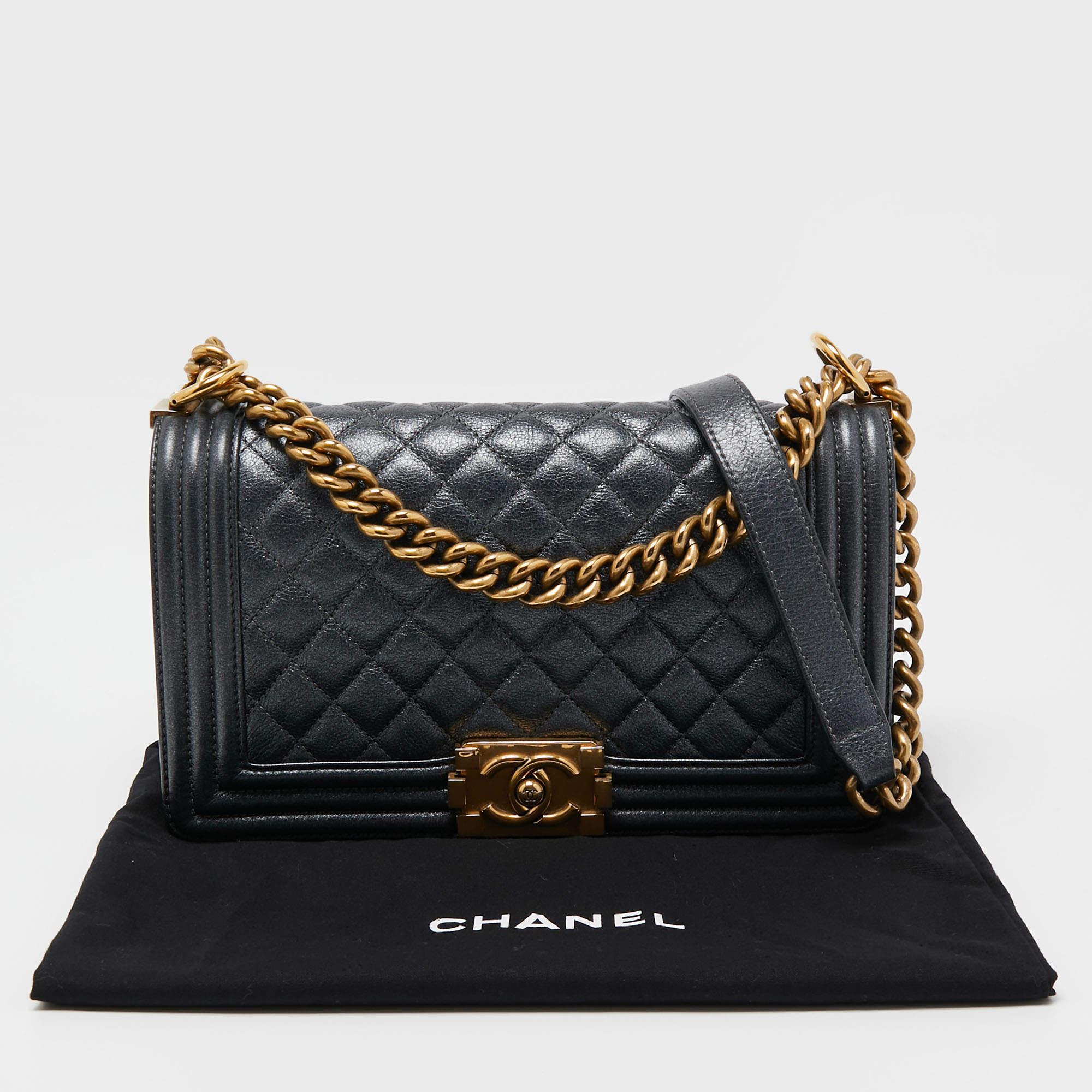 Chanel Dark Grey Shimmer Leather Medium Boy Bag 8