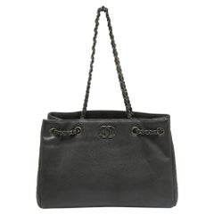 Chanel Dark Grey Side Quilted Caviar Leather Chain Shopping Tote