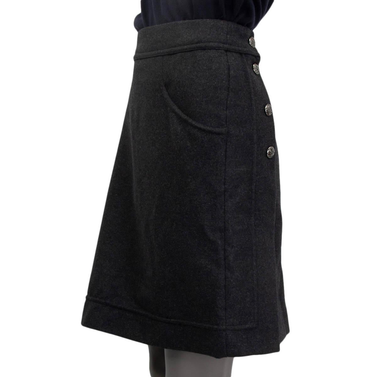 Black CHANEL dark grey wool & angora SIDE BUTTON Skirt 46 XL For Sale
