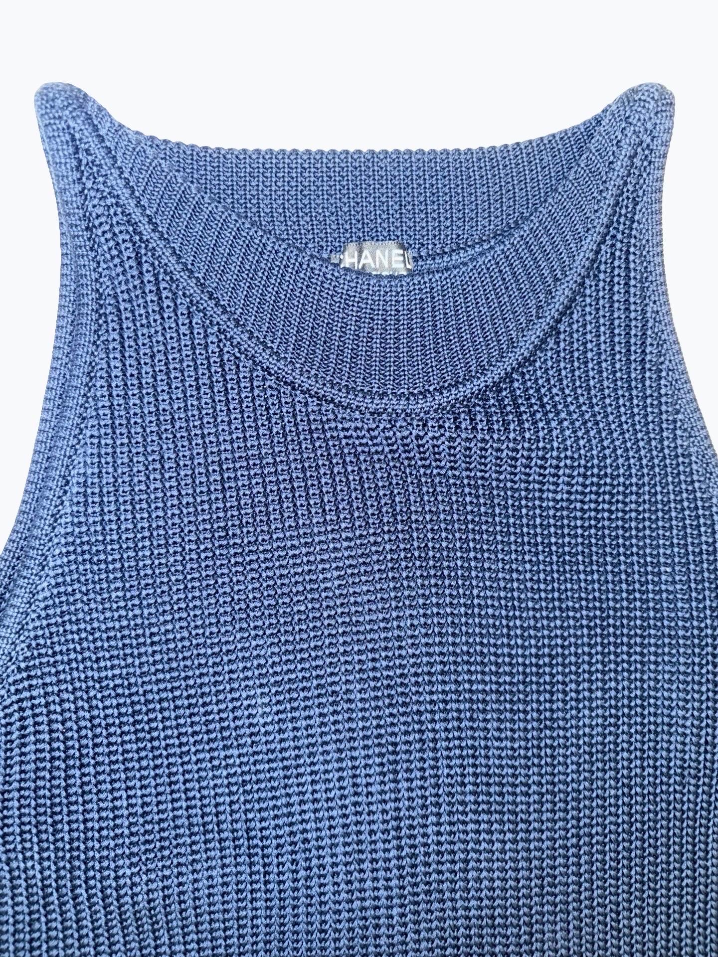 Chanel dark navy cotton knitted sleeveless tunic top For Sale 2