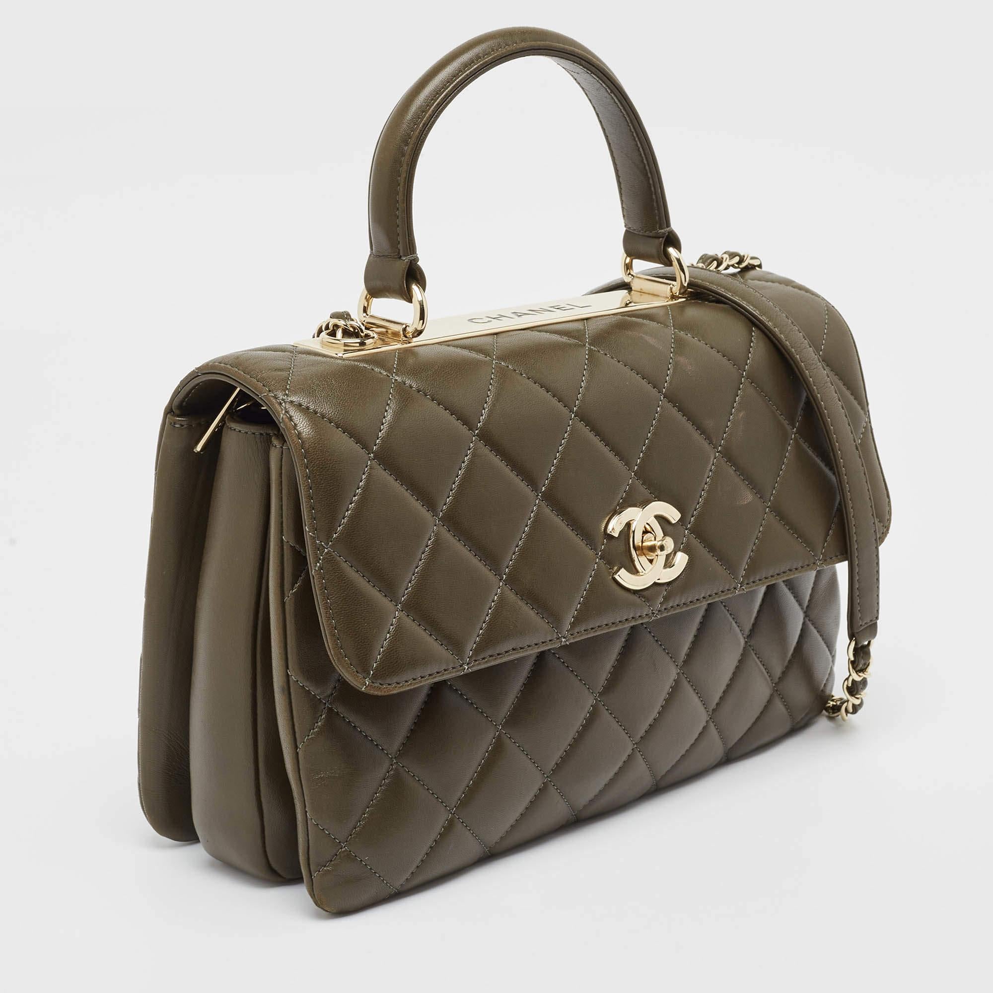Chanel Dark Olive Quilted Leather Medium Trendy CC Top Handle Bag In Excellent Condition In Dubai, Al Qouz 2