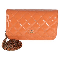 Chanel Dark Orange Quilted Patent Classic Wallet On Chain