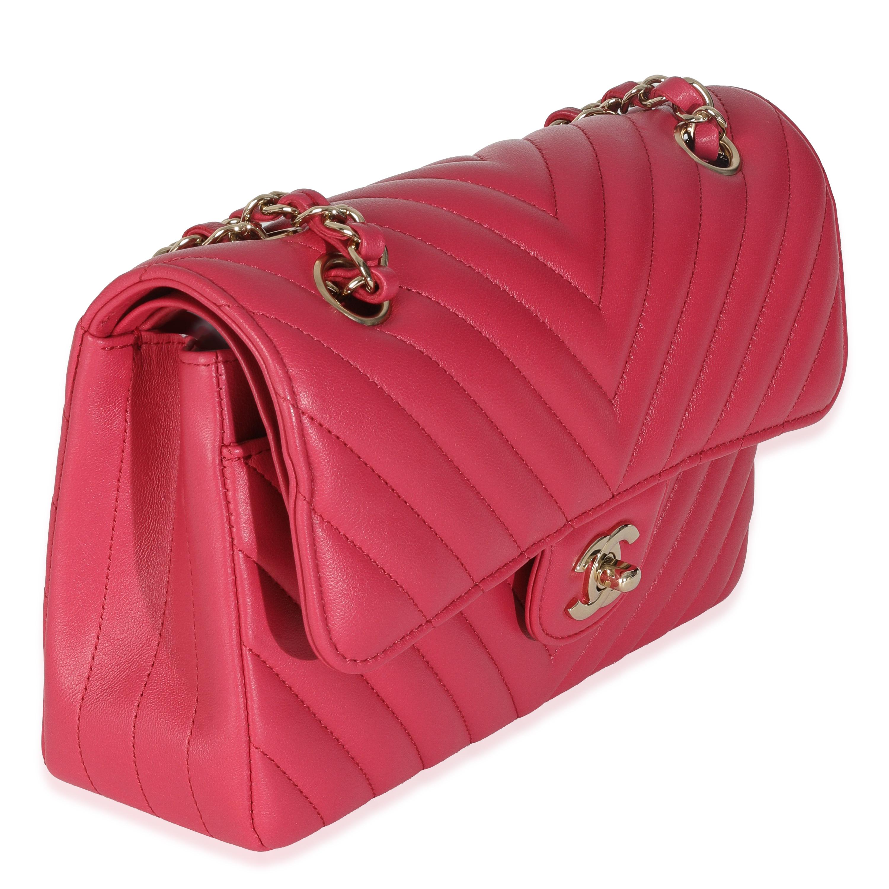 Chanel Dark Pink Chevron Lambskin Small Classic Double Flap Bag In Excellent Condition For Sale In New York, NY