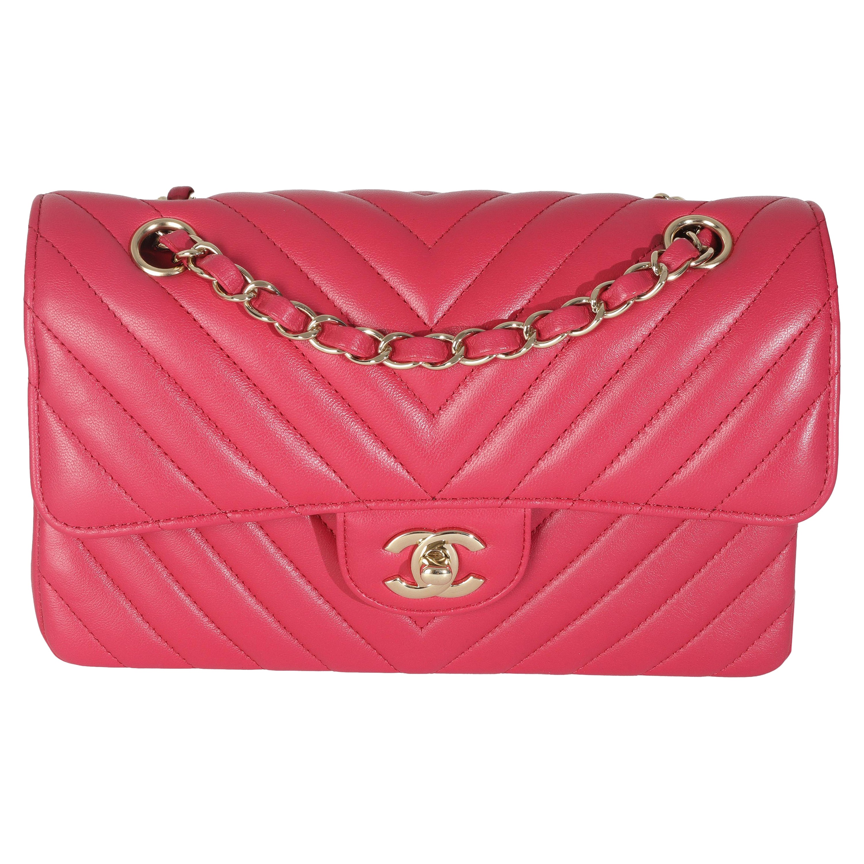 Chanel Dark Pink Chevron Lambskin Small Classic Double Flap Bag For Sale