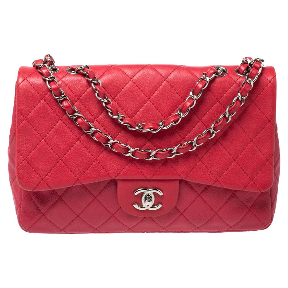 Chanel Dark Pink Quilted Caviar Leather Jumbo Classic Double Flap Bag