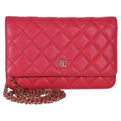 Chanel Dark Pink Quilted Caviar Wallet On Chain