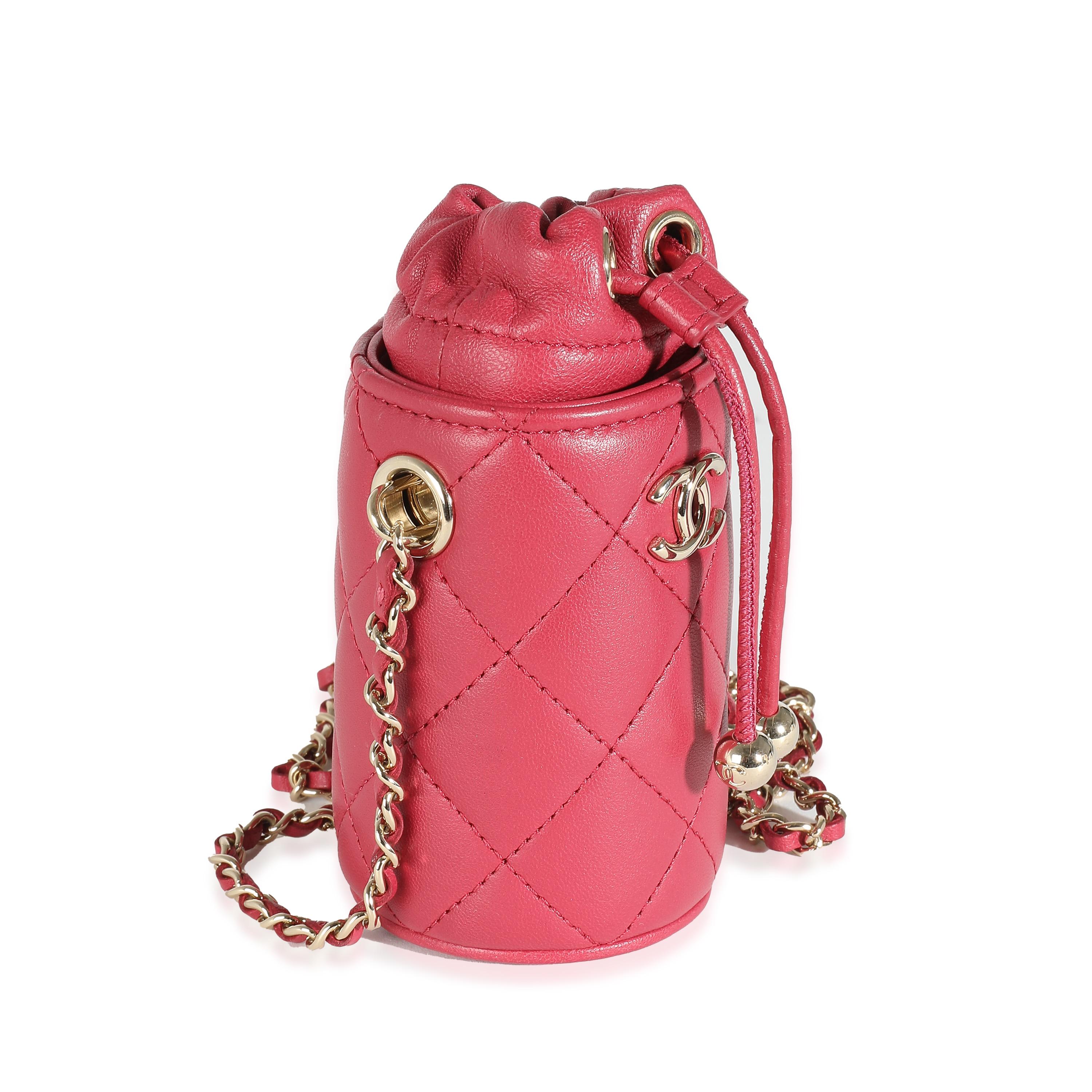 Chanel Dark Pink Quilted Lambskin Micro Drawstring Bucket In Excellent Condition For Sale In New York, NY