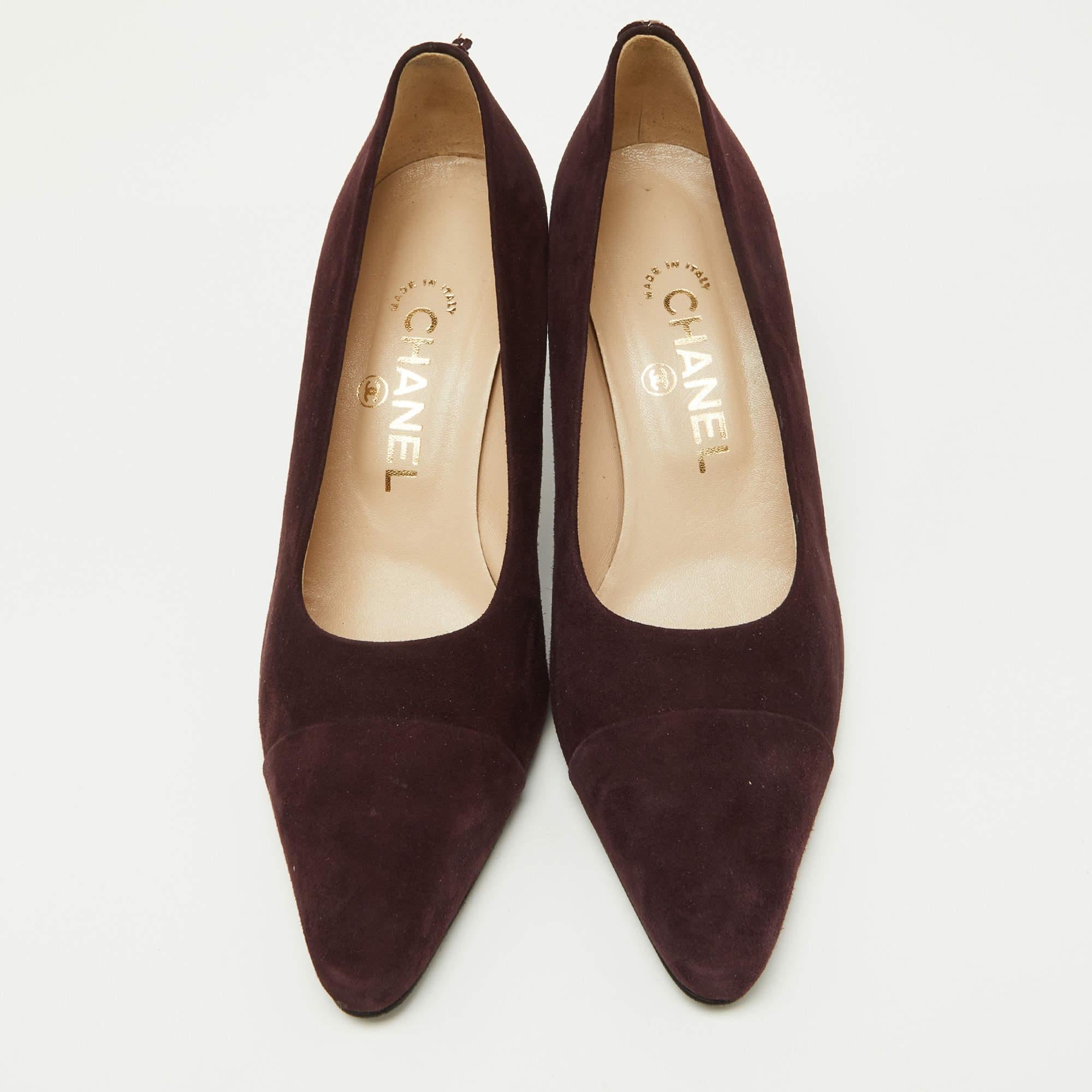 Black Chanel Dark Plum Suede Cap Toe Pumps Size 37.5