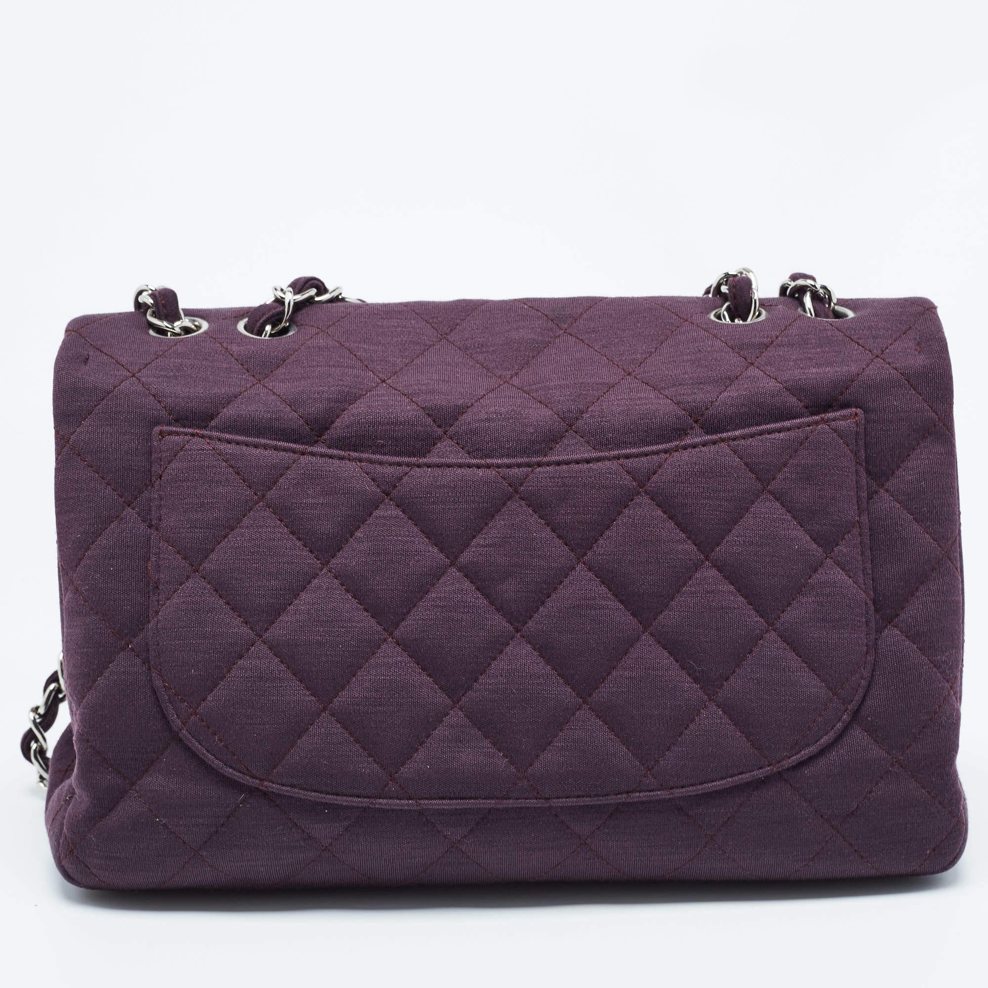 Chanel Dark Purple Quilted Jersey Jumbo Classic Single Flap Bag For Sale 8