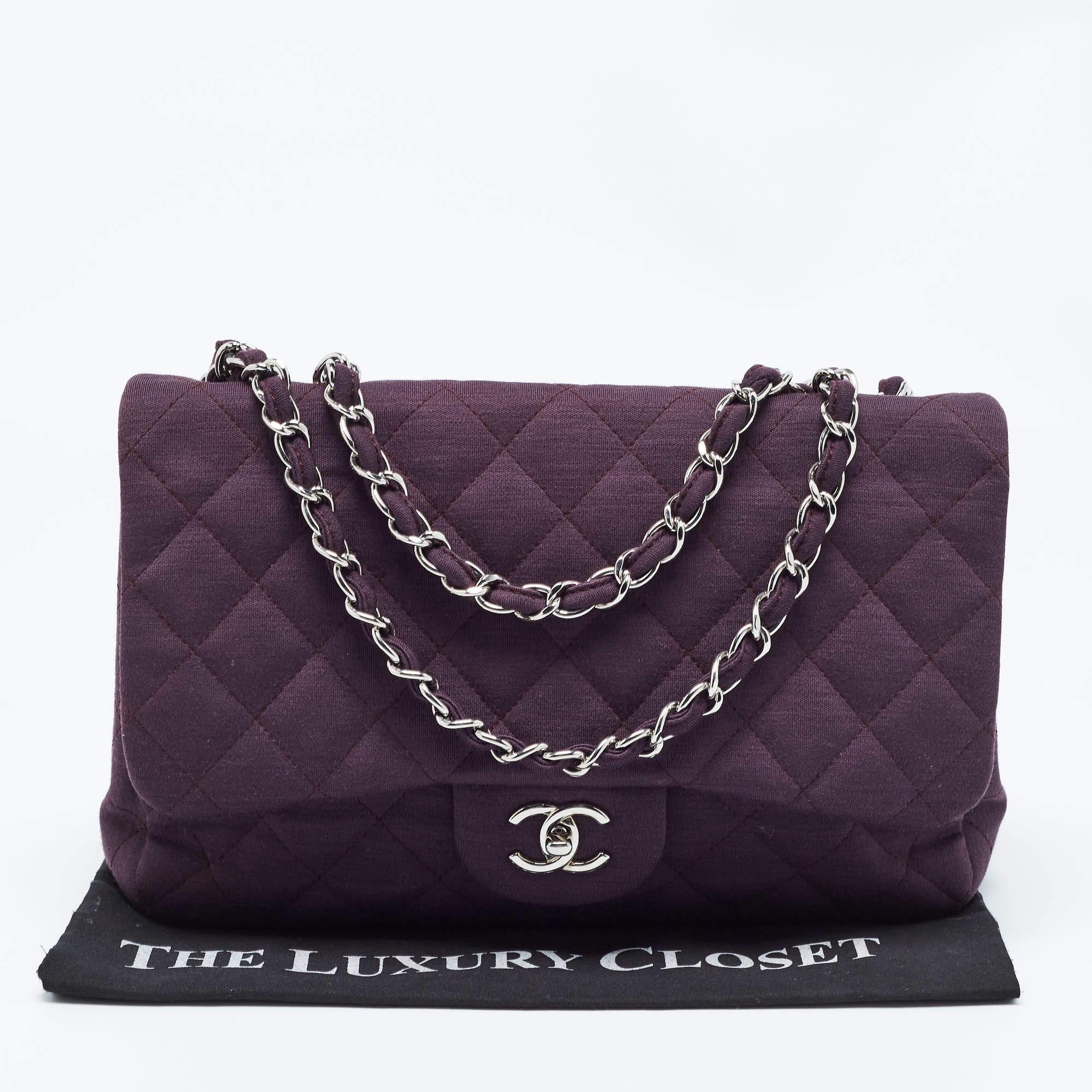 Chanel Dark Purple Quilted Jersey Jumbo Classic Single Flap Bag For Sale 12