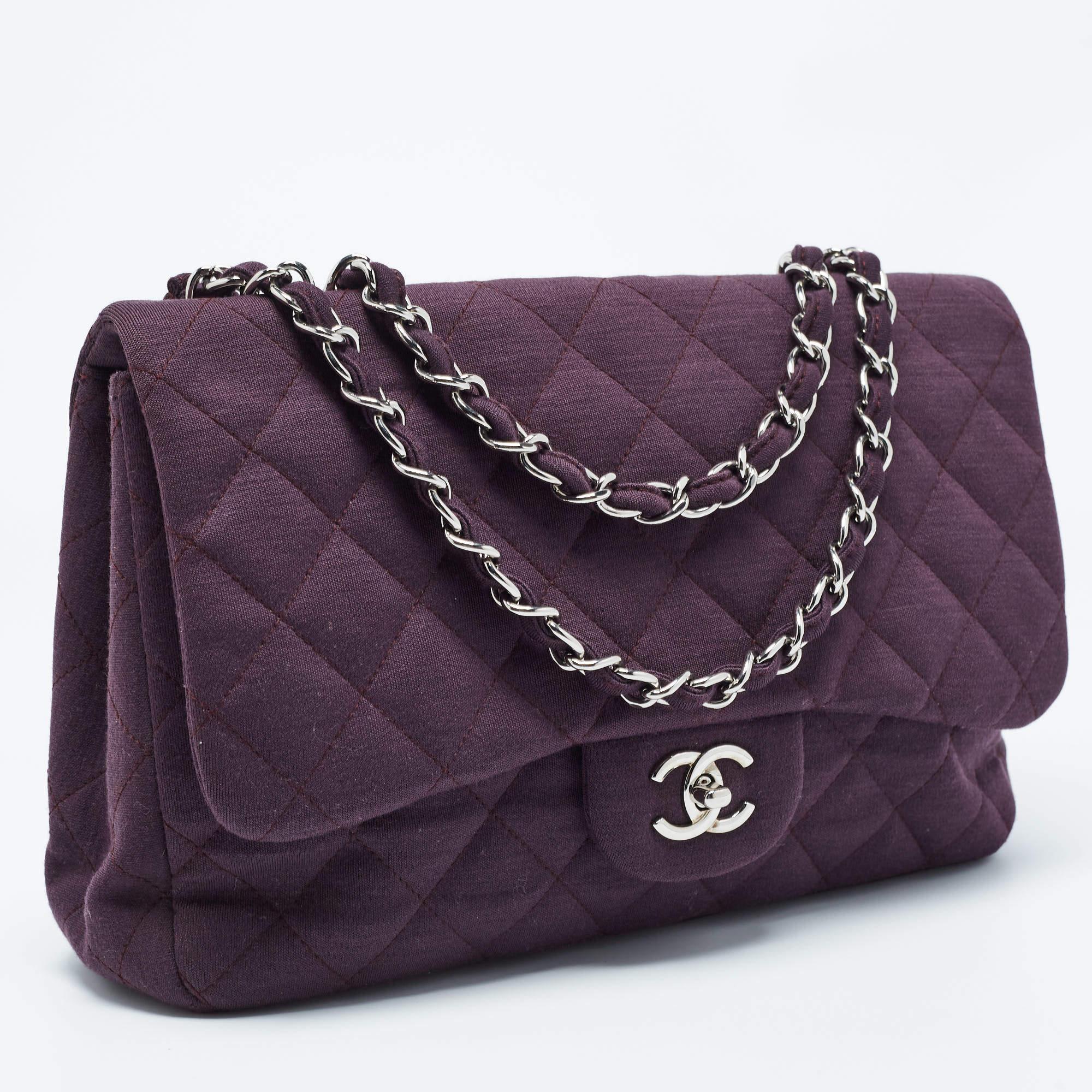 Chanel Dark Purple Quilted Jersey Jumbo Classic Single Flap Bag In Good Condition For Sale In Dubai, Al Qouz 2