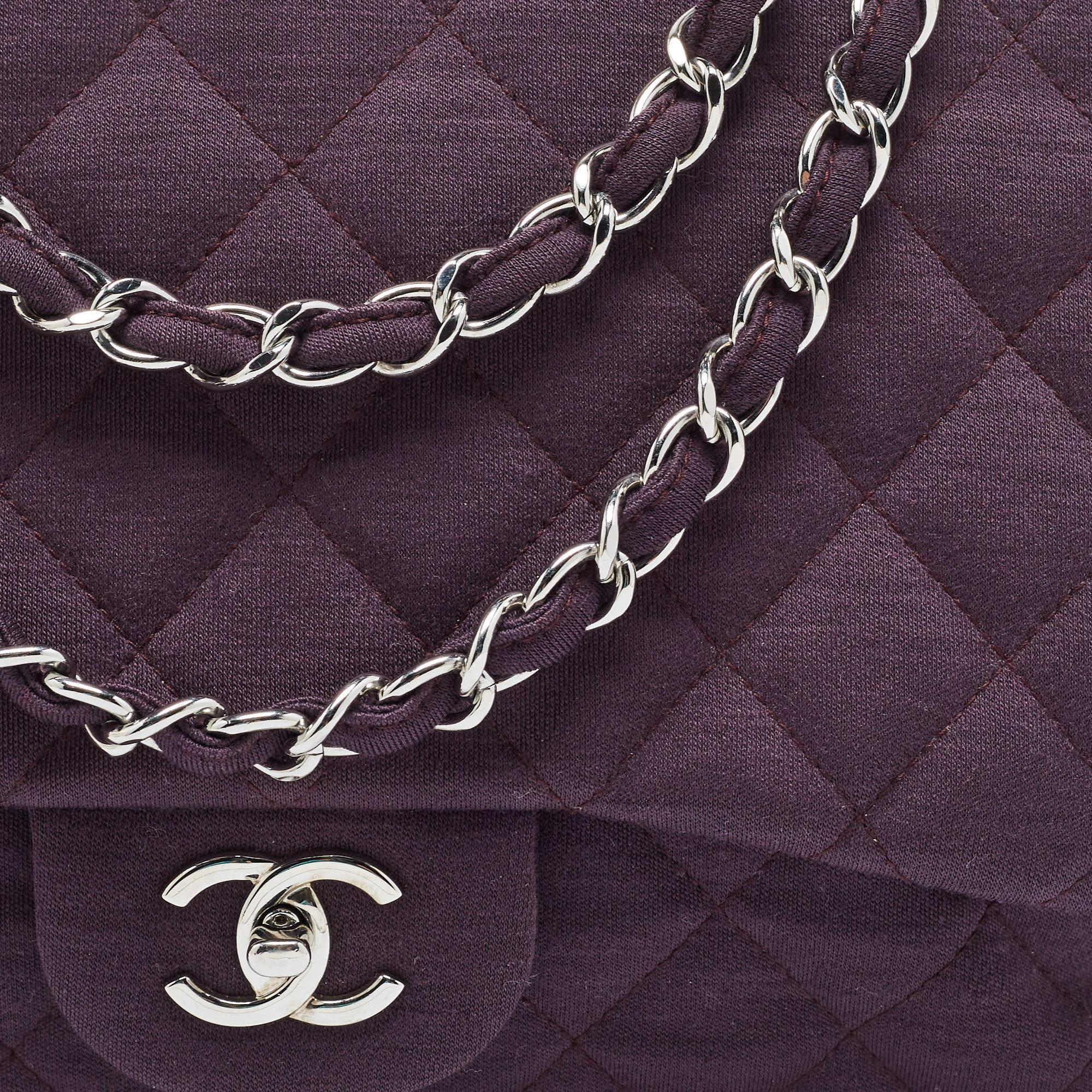 Chanel Dark Purple Quilted Jersey Jumbo Classic Single Flap Bag For Sale 2