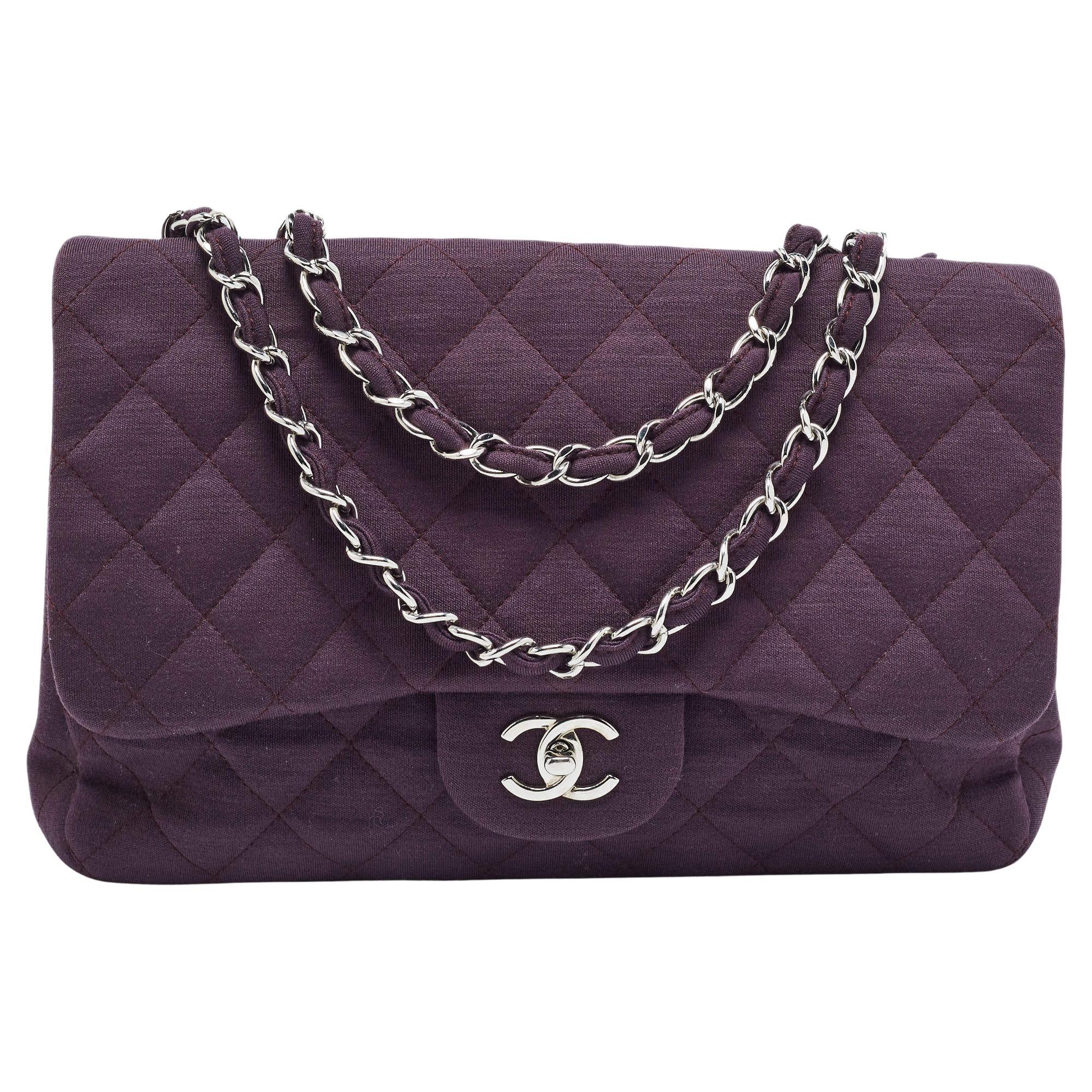 Chanel Dark Purple Quilted Jersey Jumbo Classic Single Flap Bag For Sale