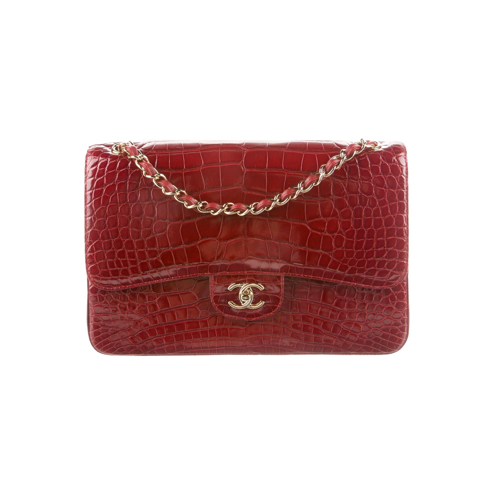 Chanel Dark Red Alligator Exotic Skin Gold Large Evening Shoulder Flap Bag