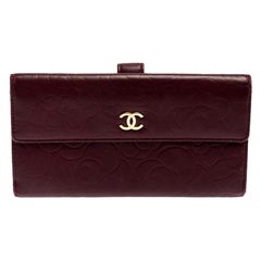 Chanel Dark Red Camellia Embossed Leather CC Continental Wallet