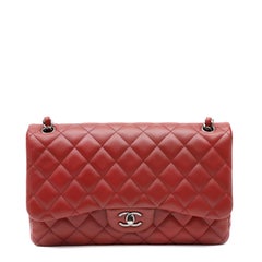 Chanel Dark Red Lambskin Leather Jumbo Classic Flap Bag with Silver Hardware