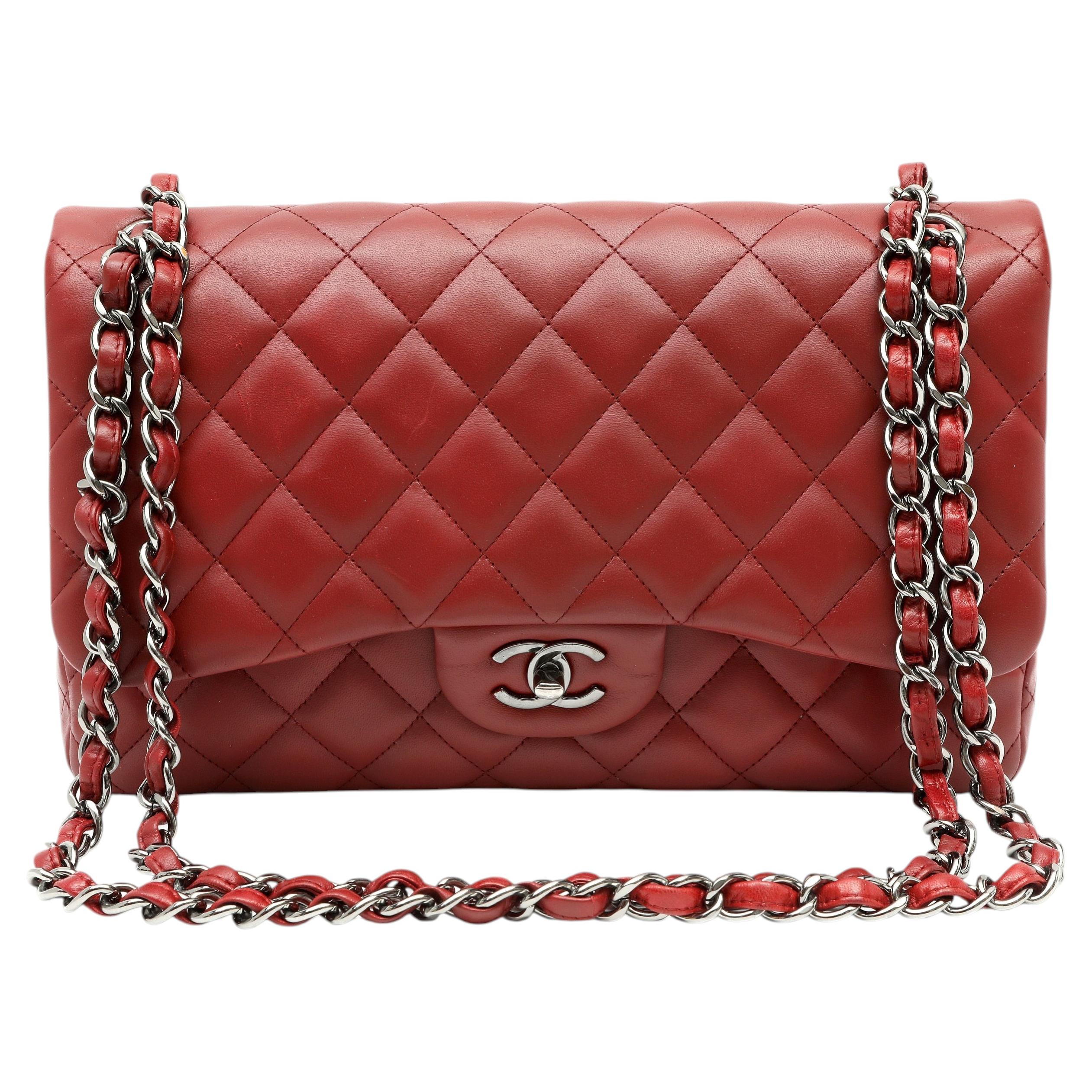 Chanel Dunkelrot Kaviar Leder Jumbo Classic Flap Tasche mit Silber Hardware im Angebot