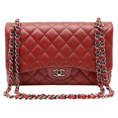 Chanel Dark Red Lambskin Leather Jumbo Classic Flap Bag with Silver Hardware